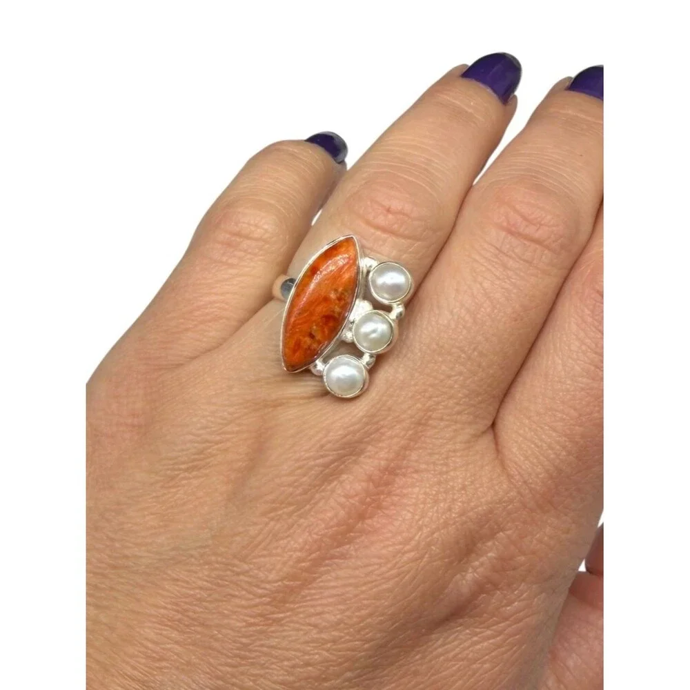 Orange Mohave Turquoise & Freshwater Pearl Ring Size 6 Solid 925 Sterling Silver